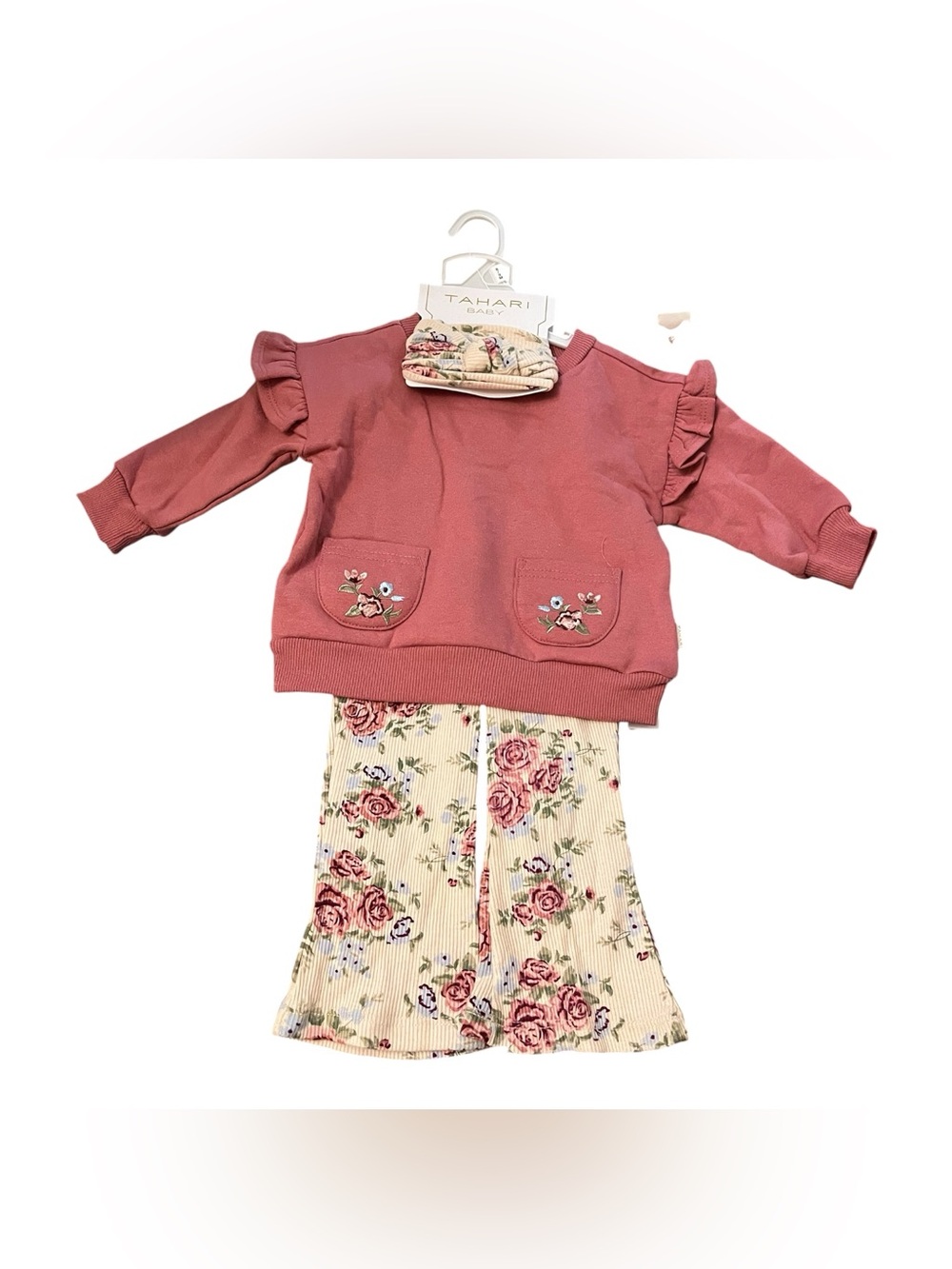 Tahari Girls Rose Pink Ruffle Sweatshirt and Floral Pants Set